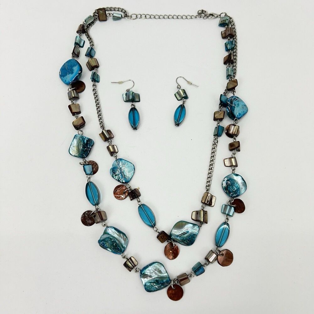 Chunky Blue Sea Glass Style Beaded Double Strand Necklace & Earrings Set